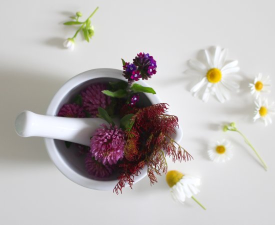 Mortar and Pestle with medicinal flowers.